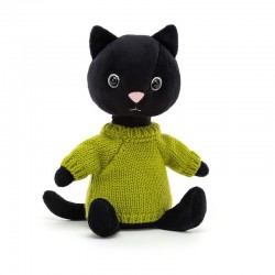 Jellycat Czarny Kot w sweterku Limonka